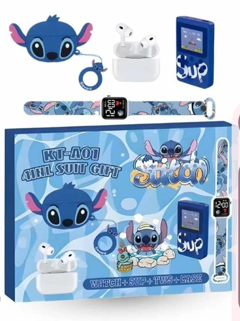 Stitch Blue Cartoon Tech Gift Set - Watch, TWS ,SUP, Earbuds, Case